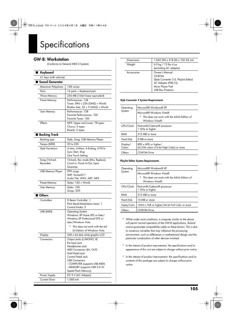 Specifications, Gw-8: workstation | Roland GW-8 User Manual | Page 105 / 112
