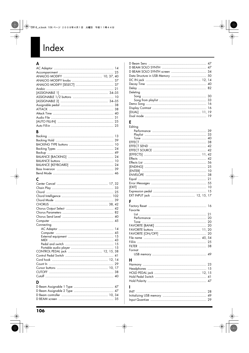 Index | Roland GW-8 User Manual | Page 106 / 112