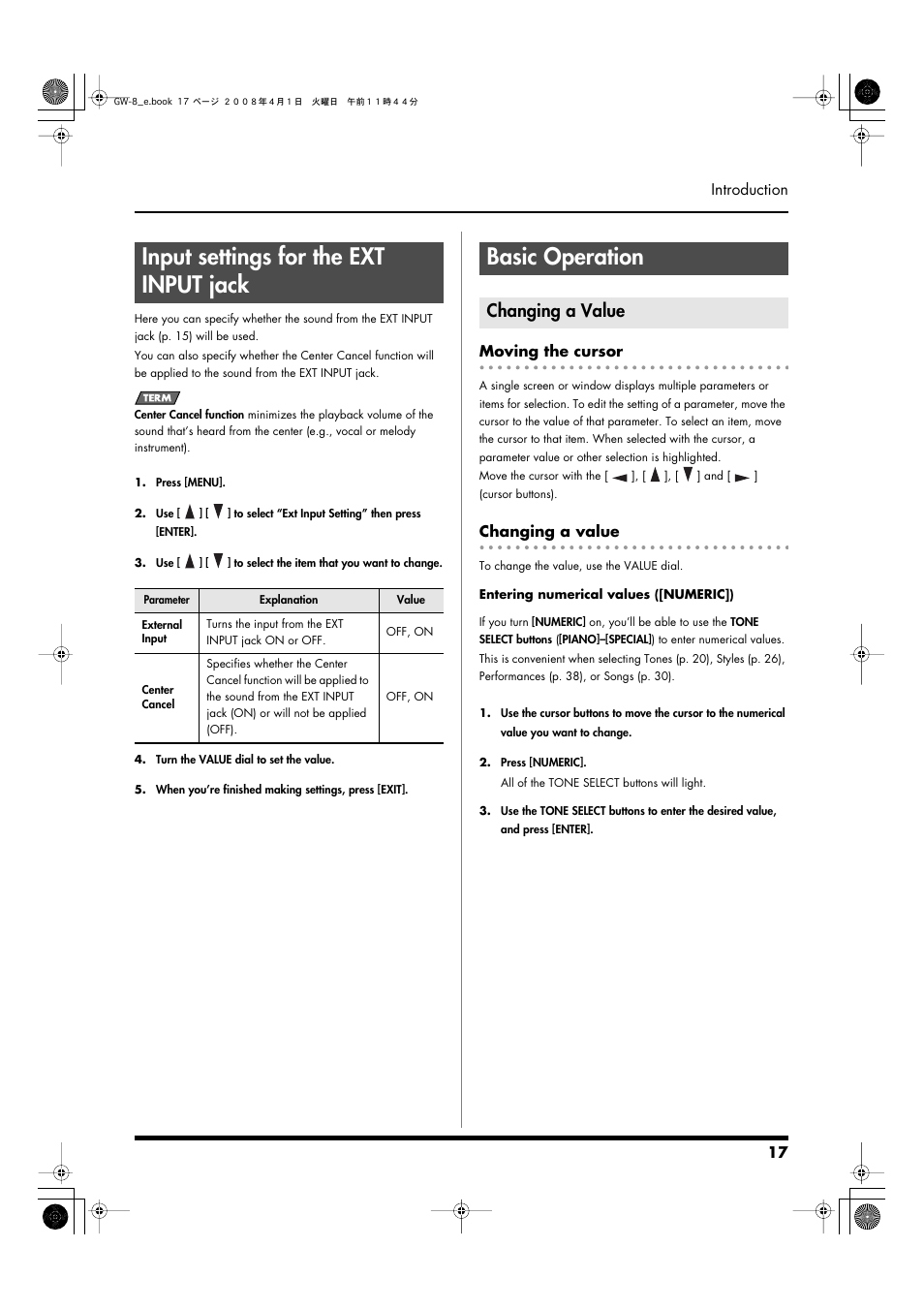 Input settings for the ext input jack, Basic operation, Changing a value | Moving the cursor, Buttons (37) when this button is lit (p. 17), When the numeric button is on (p. 17) | Roland GW-8 User Manual | Page 17 / 112