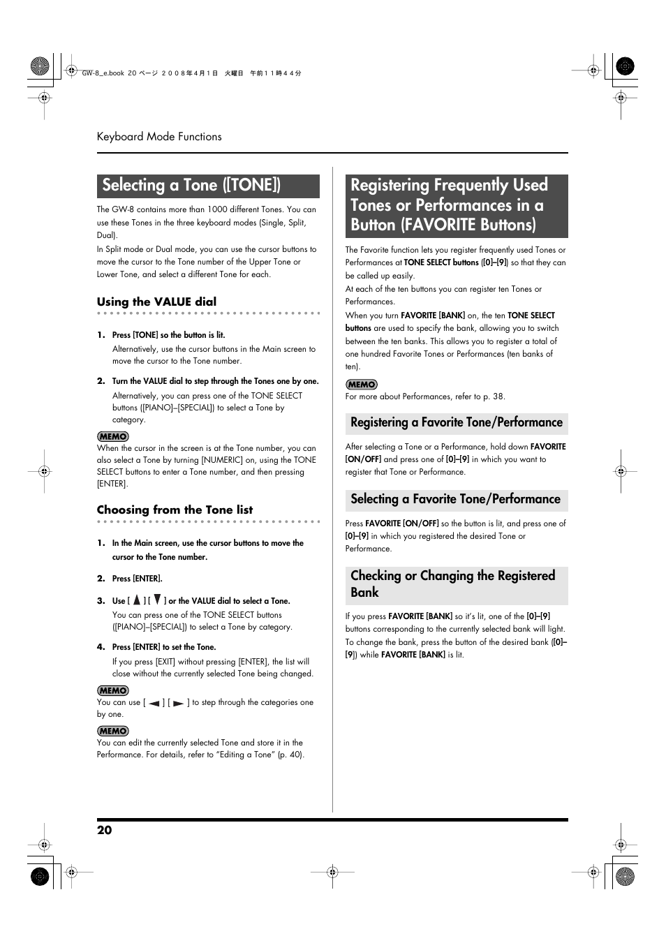 Selecting a tone ([tone]), Using the value dial, Choosing from the tone list | Registering a favorite tone/performance, Selecting a favorite tone/performance, Checking or changing the registered bank, P. 20), Select a favorite tone or performance (p. 20), Performances (p. 20), What is a tone? (p. 20) | Roland GW-8 User Manual | Page 20 / 112