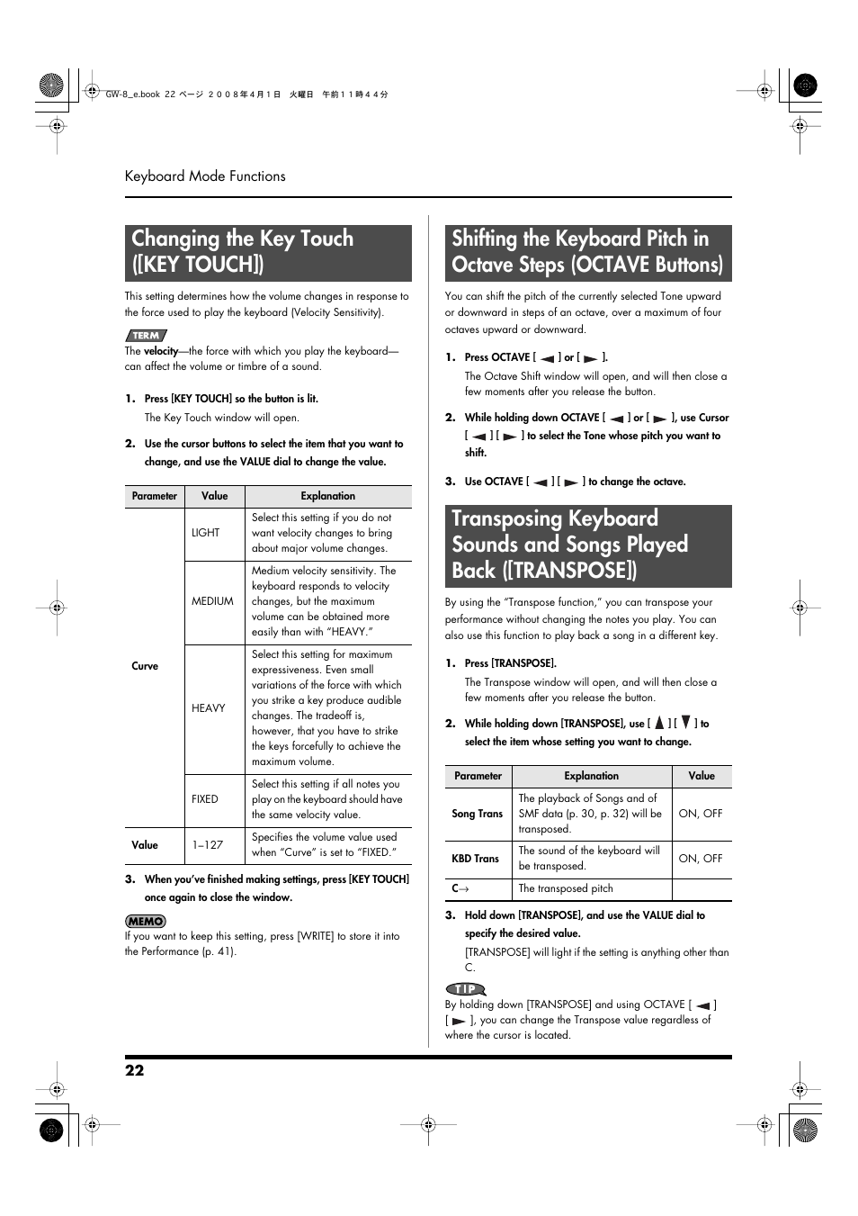 Changing the key touch ([key touch]), Lighter or heavier (p. 22), Keyboard in one-octave steps (p. 22) | Down in semitone steps (p. 22) | Roland GW-8 User Manual | Page 22 / 112