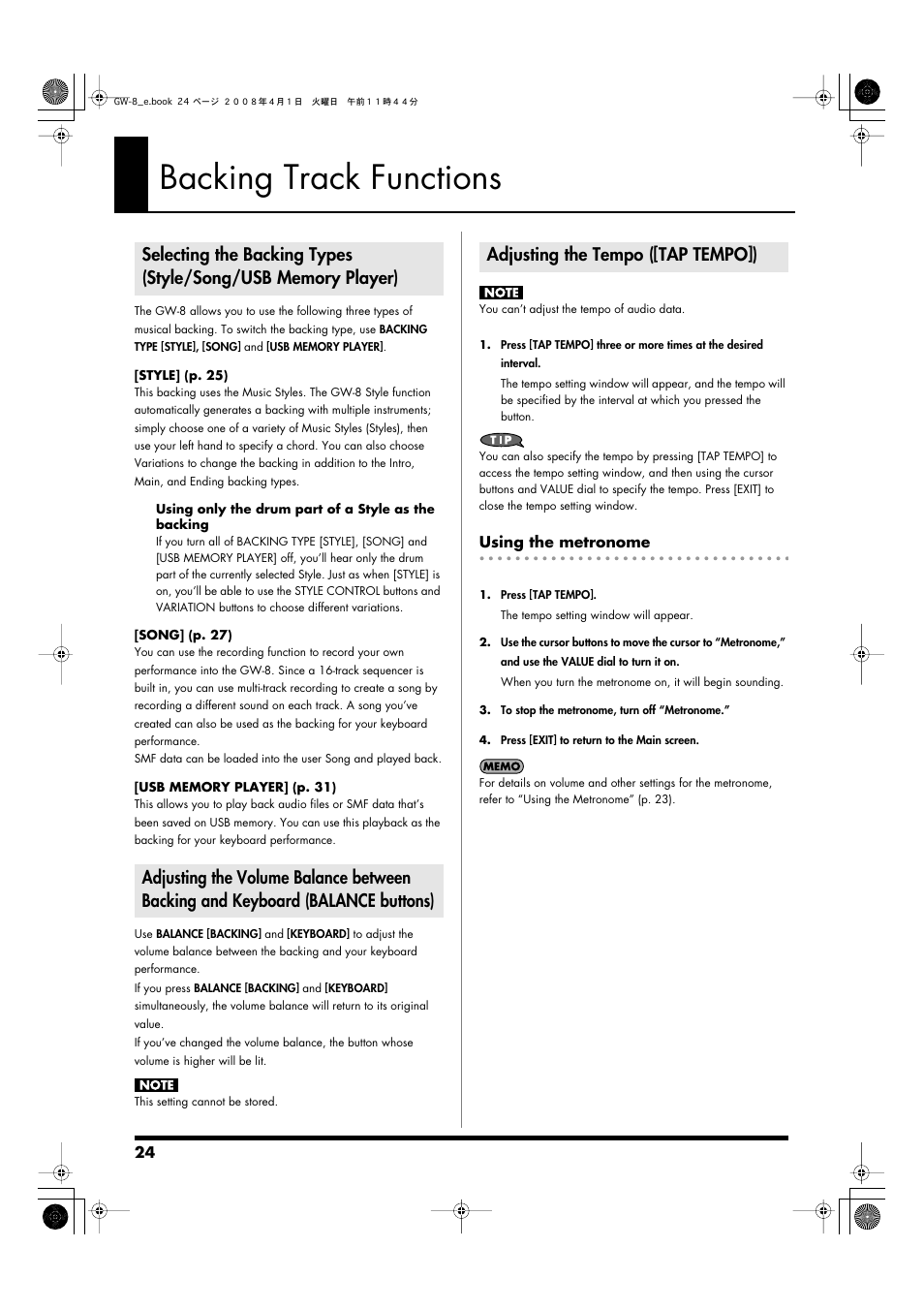 Backing track functions, Adjusting the tempo ([tap tempo]), Using the metronome | The backing and the keyboard. (p. 24), Use this button to set the tempo (p. 24), What is backing? (p. 24) | Roland GW-8 User Manual | Page 24 / 112