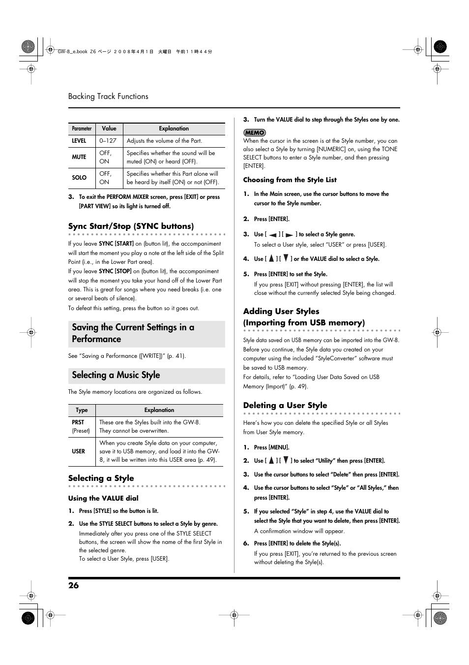 Sync start/stop (sync buttons), Saving the current settings in a performance, Selecting a music style | Selecting a style, Adding user styles (importing from usb memory), Deleting a user style, A note in the left side of the keyboard (p. 26), 26 backing track functions | Roland GW-8 User Manual | Page 26 / 112