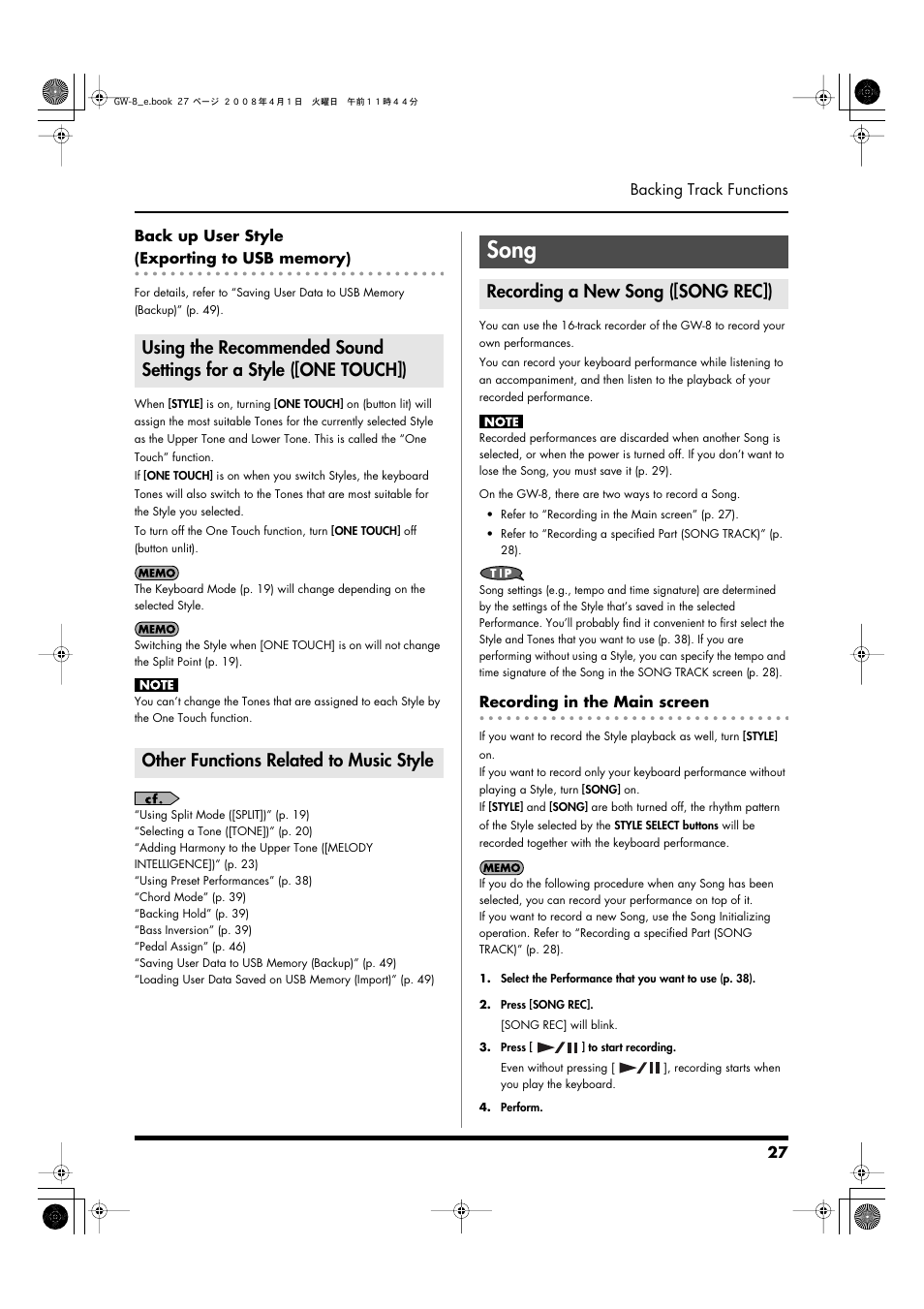 Back up user style (exporting to usb memory), Other functions related to music style, Song | Recording a new song ([song rec]), Recording in the main screen, Press this button to record a song (p. 27), Currently selected style (p. 27), What is a song? (p. 27), Song (p. 27), Song] (p. 27) | Roland GW-8 User Manual | Page 27 / 112