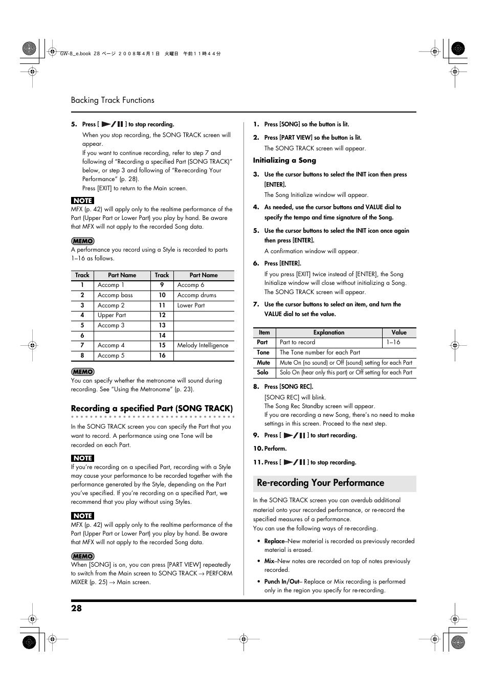 Recording a specified part (song track), Re-recording your performance, 28 backing track functions | Roland GW-8 User Manual | Page 28 / 112