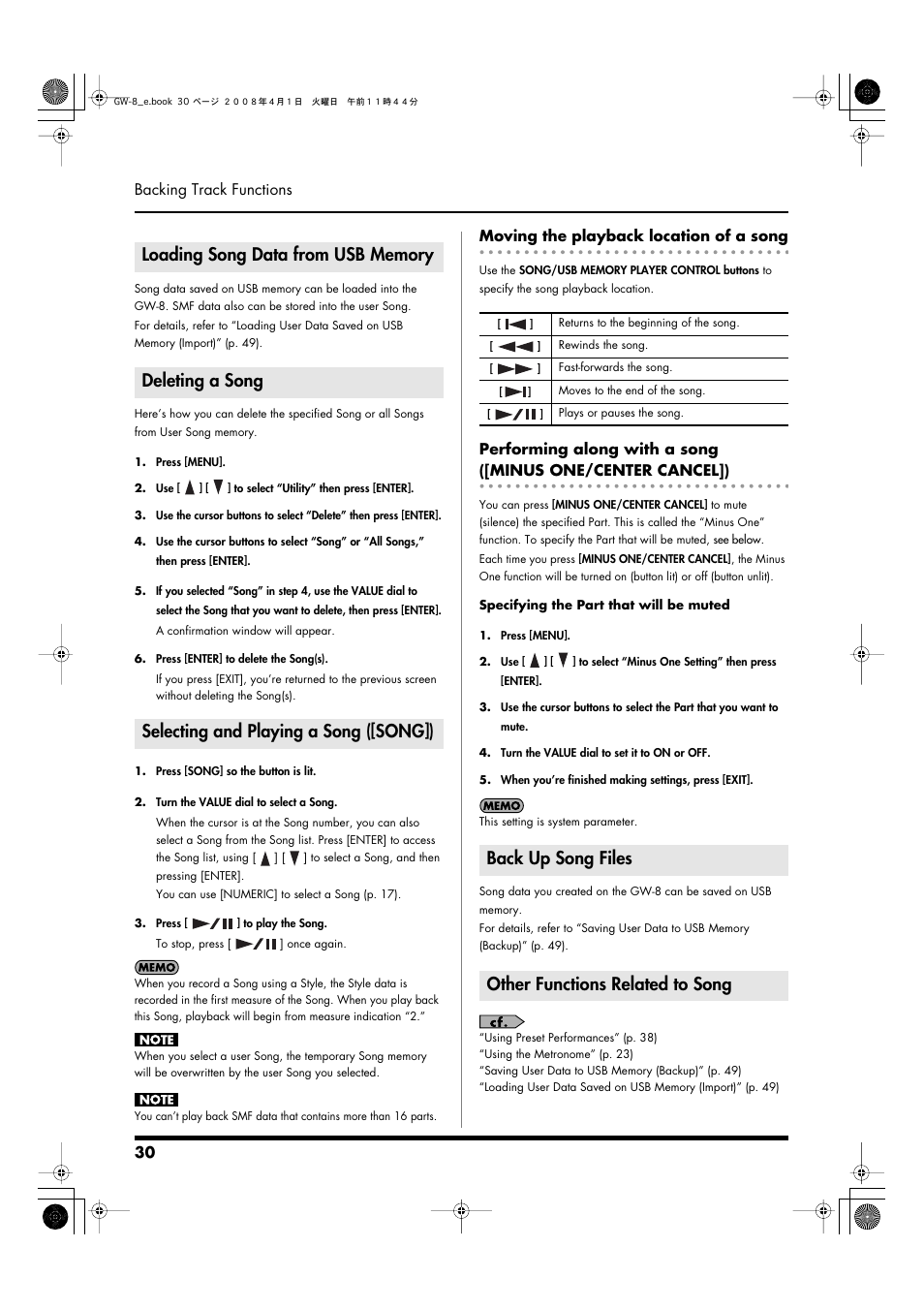 Loading song data from usb memory, Deleting a song, Selecting and playing a song ([song]) | Moving the playback location of a song, Back up song files, Other functions related to song, P. 30, p. 32), Back up song files other functions related to song | Roland GW-8 User Manual | Page 30 / 112