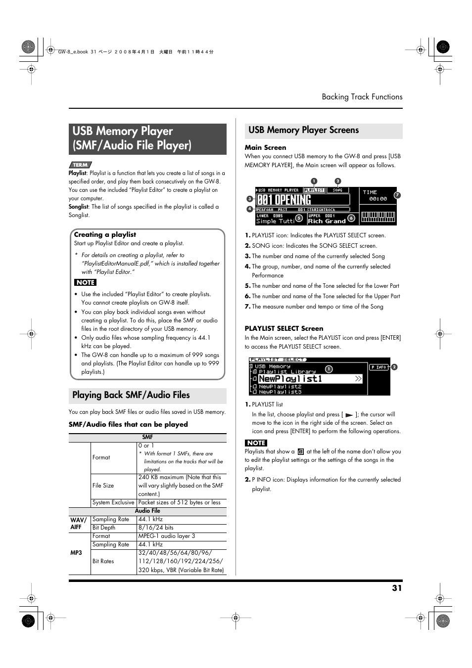 Usb memory player (smf/audio file player), Playing back smf/audio files, Usb memory player screens | What is a usb memory player? (p. 31), Usb memory player] (p. 31), 31 backing track functions | Roland GW-8 User Manual | Page 31 / 112