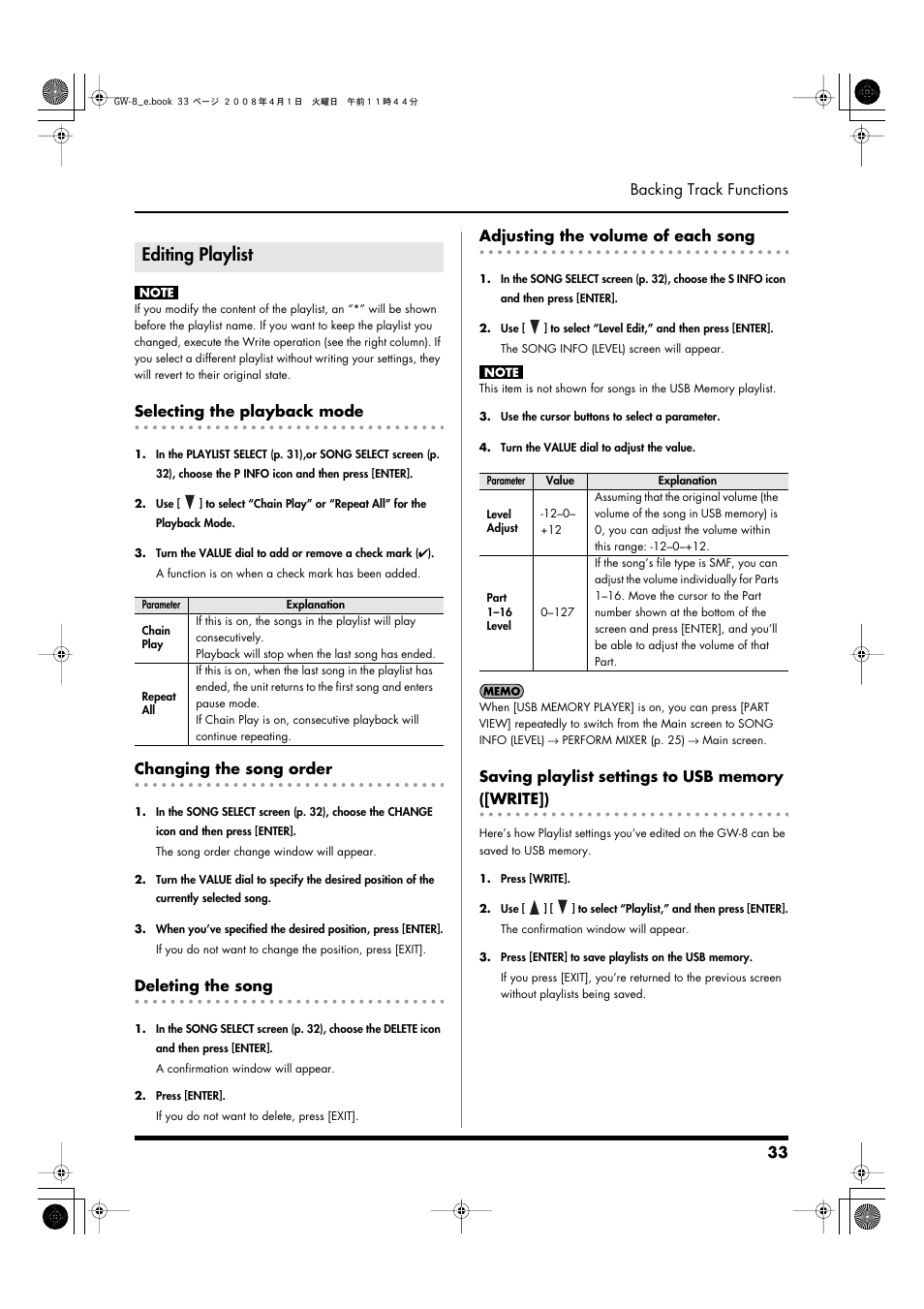 Editing playlist, Selecting the playback mode, Changing the song order | Deleting the song, Adjusting the volume of each song, Saving playlist settings to usb memory ([write]), 33, p. 41), 33 backing track functions | Roland GW-8 User Manual | Page 33 / 112