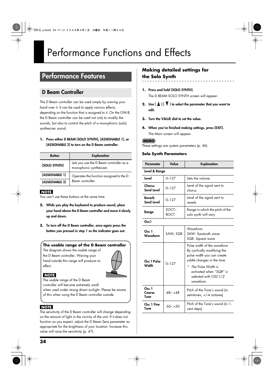 Performance functions and effects, Performance features, D beam controller | Making detailed settings for the solo synth, P. 34), Play the gw-8 as a monophonic synthesizer (p. 34), Performance functions and effects” (p. 34) | Roland GW-8 User Manual | Page 34 / 112