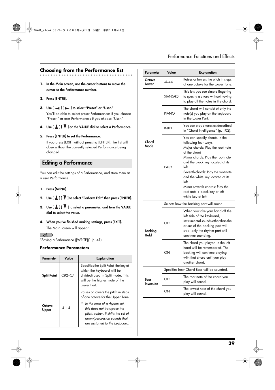 Choosing from the performance list, Editing a performance | Roland GW-8 User Manual | Page 39 / 112