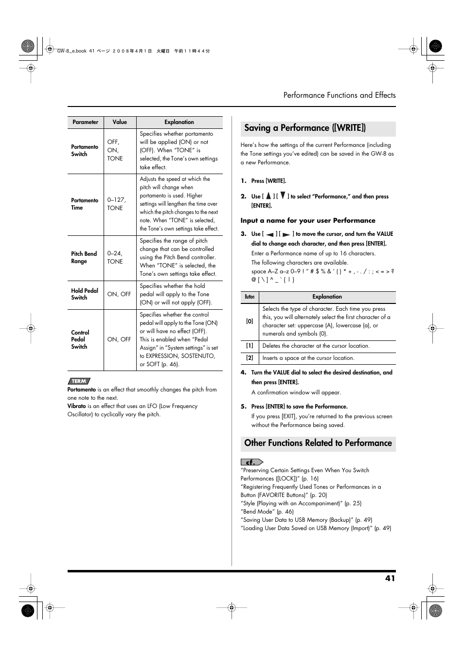 Saving a performance ([write]), Other functions related to performance, For details, refer to “pitch bend range” (p. 41) | Performance (p. 41), 41 performance functions and effects | Roland GW-8 User Manual | Page 41 / 112