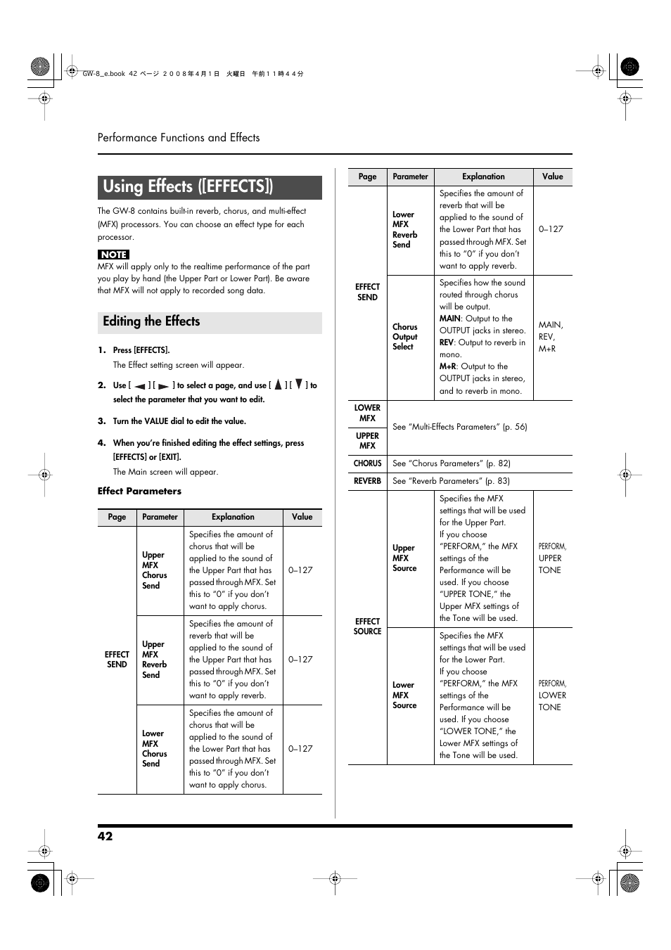 Using effects ([effects]), Editing the effects, This button lets you make effect settings (p. 42) | 42 performance functions and effects | Roland GW-8 User Manual | Page 42 / 112