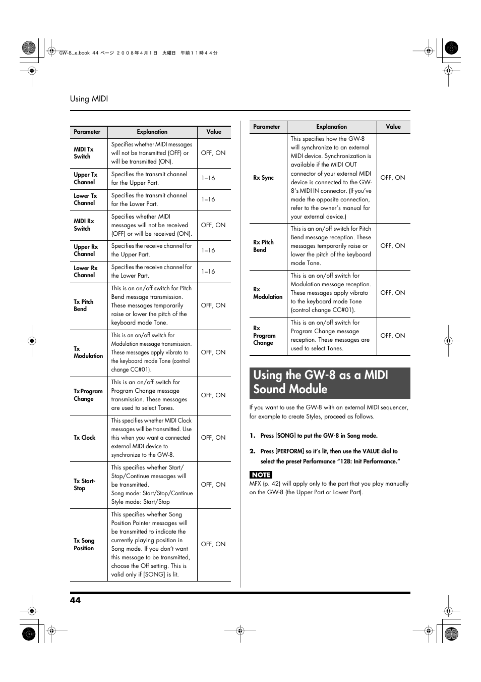 Using the gw-8 as a midi sound module, 44 using midi | Roland GW-8 User Manual | Page 44 / 112