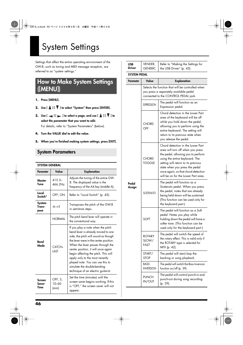 System settings, How to make system settings ([menu]), System parameters | Parameters (p. 46), Master tune” (p. 46) “system transpose” (p. 46), Bend mode” (p. 46), Or soft (p. 46) | Roland GW-8 User Manual | Page 46 / 112