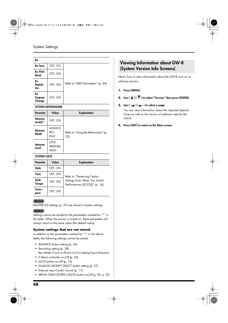 System settings that are not stored” (p. 48), 48 system settings | Roland GW-8 User Manual | Page 48 / 112