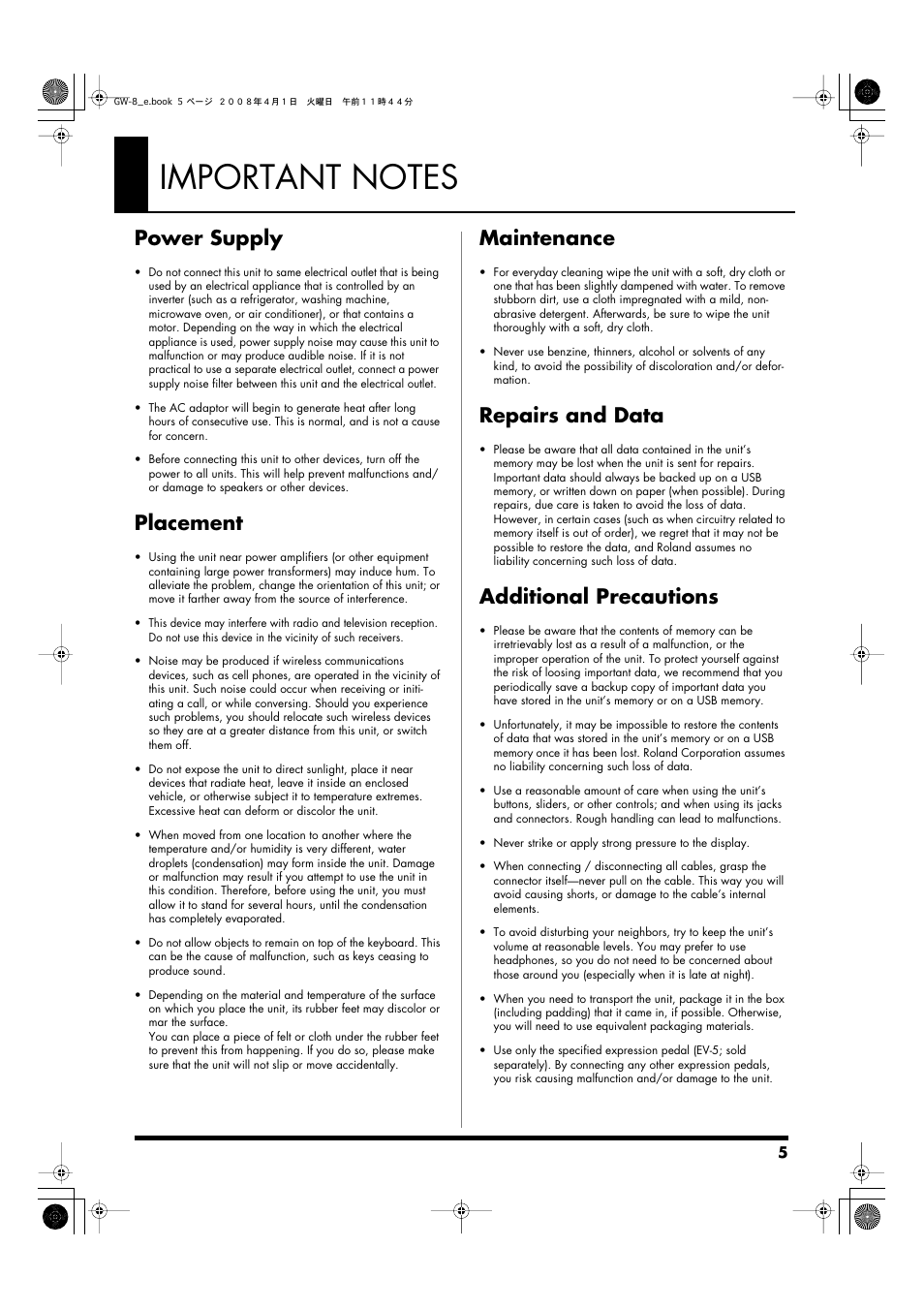 Important notes, Power supply, Placement | Maintenance, Repairs and data, Additional precautions | Roland GW-8 User Manual | Page 5 / 112