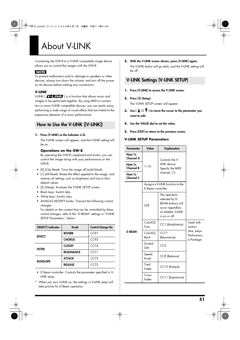 About v-link, How to use the v-link ([v-link]), V-link settings (v-link setup) | Compatible video equipment (p. 51) | Roland GW-8 User Manual | Page 51 / 112