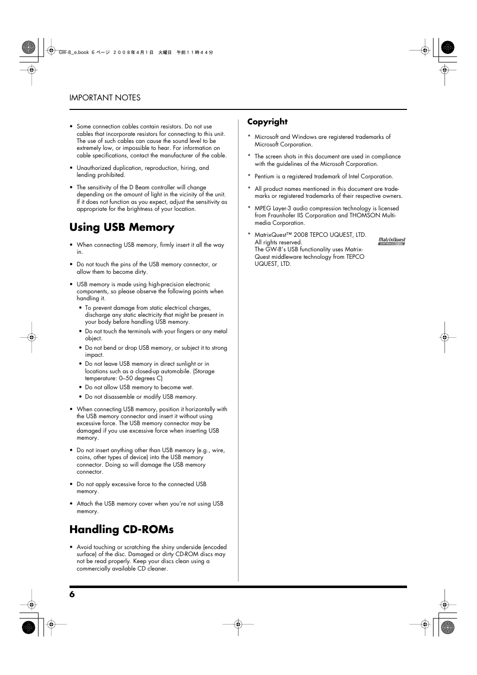 Handling cd-roms, Copyright | Roland GW-8 User Manual | Page 6 / 112