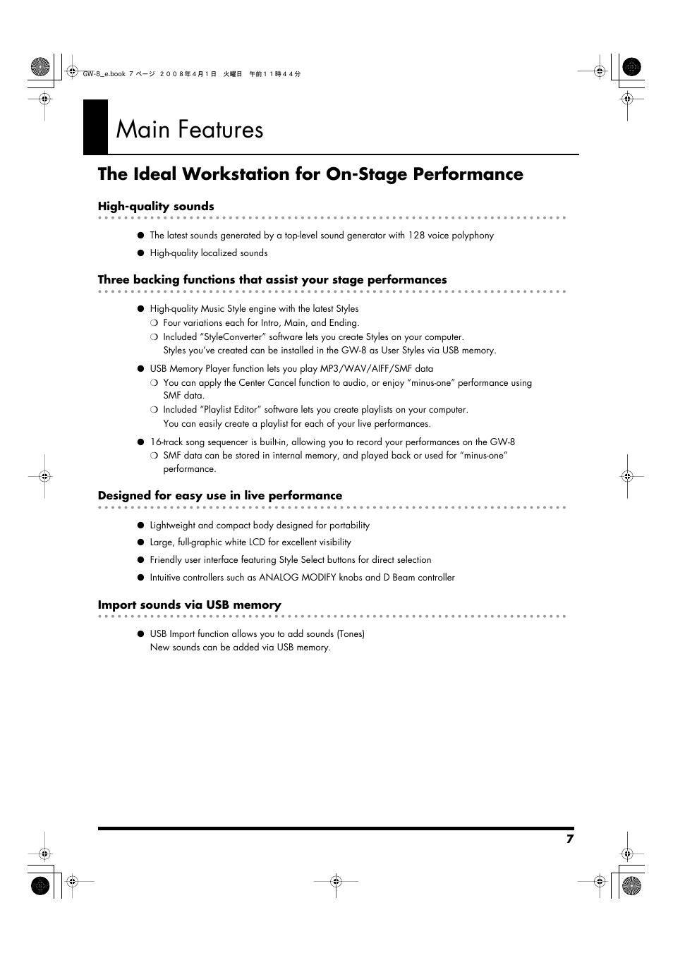 Main features, The ideal workstation for on-stage performance | Roland GW-8 User Manual | Page 7 / 112