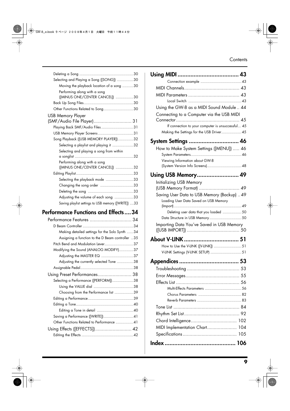 Performance functions and effects, Using midi, System settings | About v-link, Appendices, Index | Roland GW-8 User Manual | Page 9 / 112