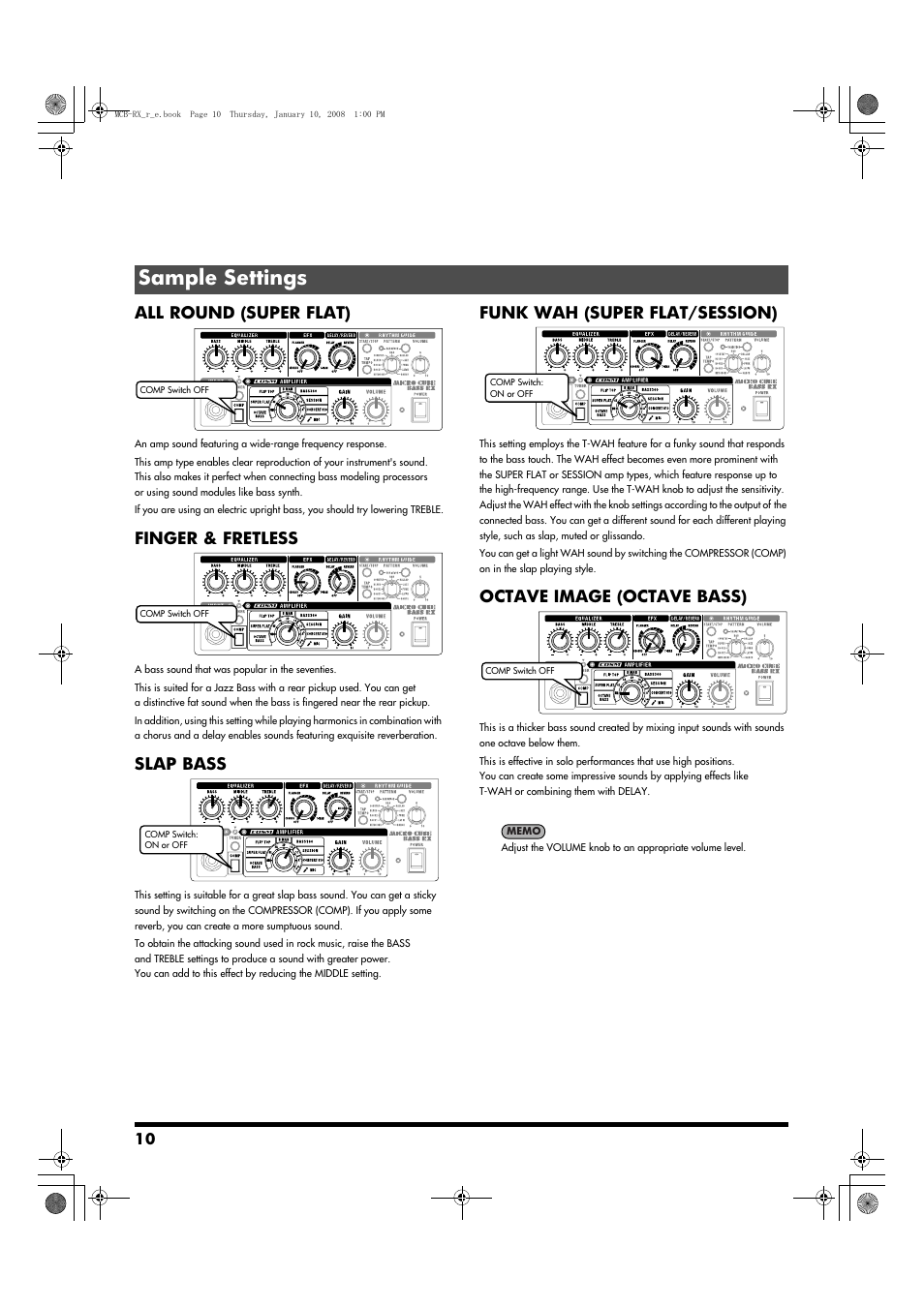 Sample settings, All round (super flat), Finger & fretless | Slap bass, Funk wah (super flat/session), Octave image (octave bass) | Roland Musical Instrument Amplifier User Manual | Page 10 / 52