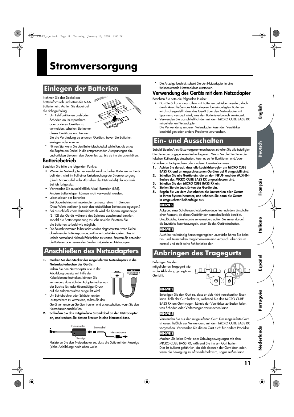 Deutsch, Stromversorgung, Einlegen der batterien | Anschließen des netzadapters, Ein- und ausschalten, Anbringen des tragegurts, Ein- und ausschalten anbringen des tragegurts, Batteriebetrieb, Verwendung des geräts mit dem netzadapter | Roland Musical Instrument Amplifier User Manual | Page 11 / 52