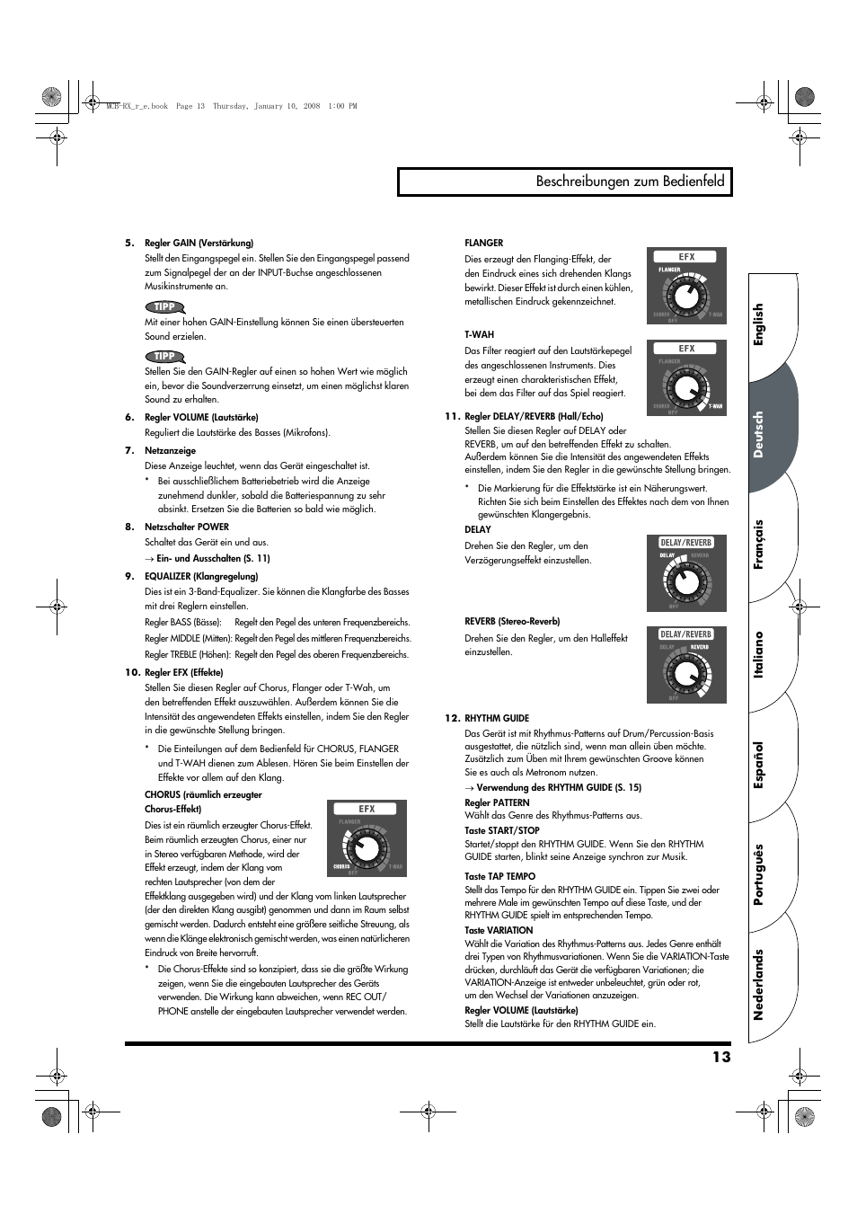 13 beschreibungen zum bedienfeld | Roland Musical Instrument Amplifier User Manual | Page 13 / 52