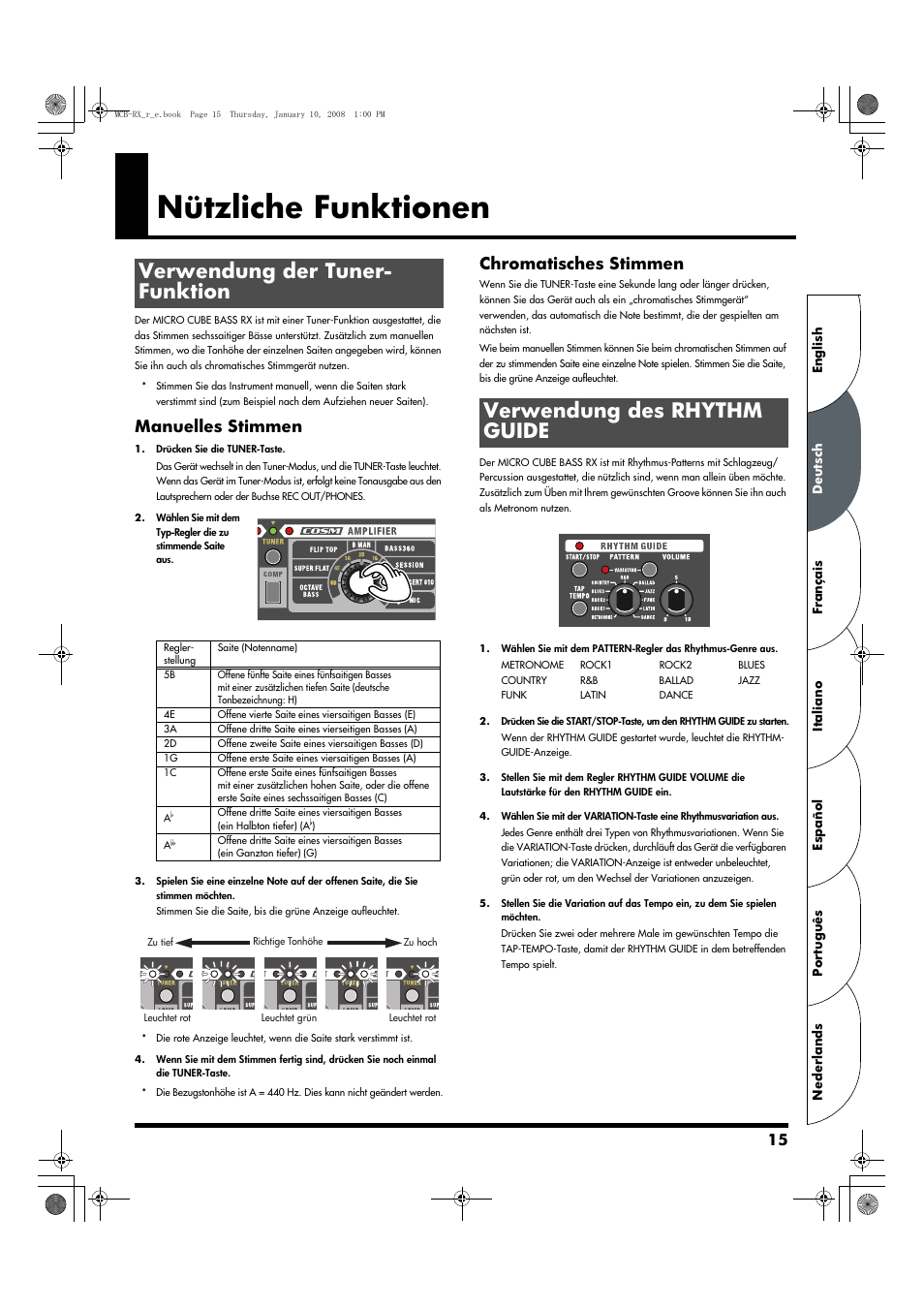 Nützliche funktionen, Verwendung der tuner- funktion, Verwendung des rhythm guide | Manuelles stimmen, Chromatisches stimmen | Roland Musical Instrument Amplifier User Manual | Page 15 / 52