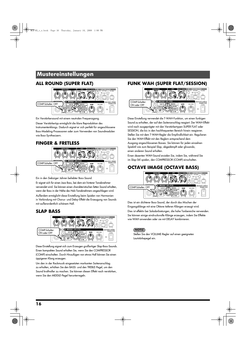 Mustereinstellungen, All round (super flat), Finger & fretless | Slap bass, Funk wah (super flat/session), Octave image (octave bass) | Roland Musical Instrument Amplifier User Manual | Page 16 / 52