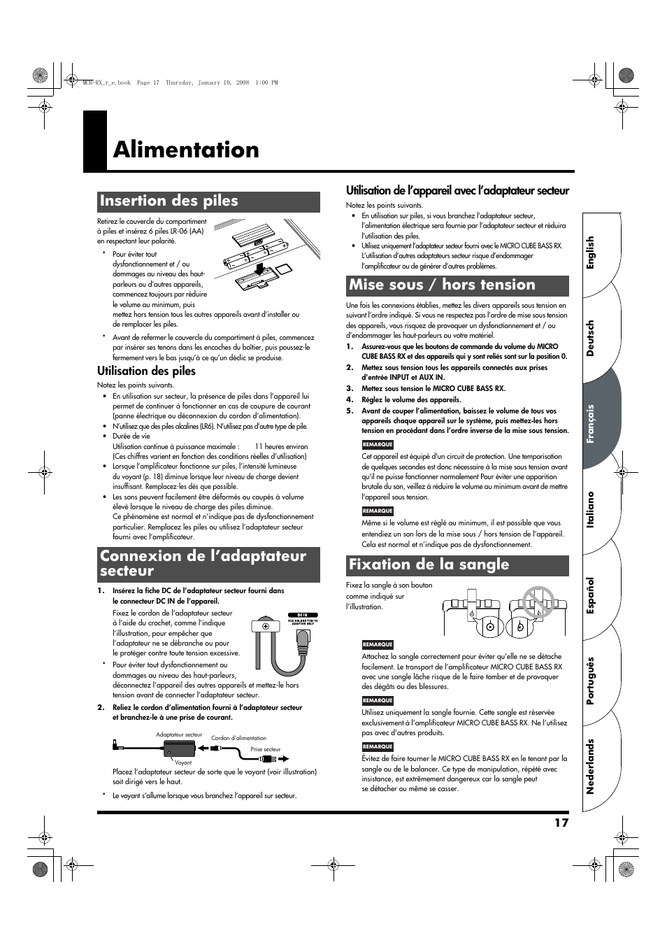 Français, Alimentation, Insertion des piles | Connexion de l’adaptateur secteur, Mise sous / hors tension, Fixation de la sangle, Mise sous / hors tension fixation de la sangle, Utilisation des piles | Roland Musical Instrument Amplifier User Manual | Page 17 / 52