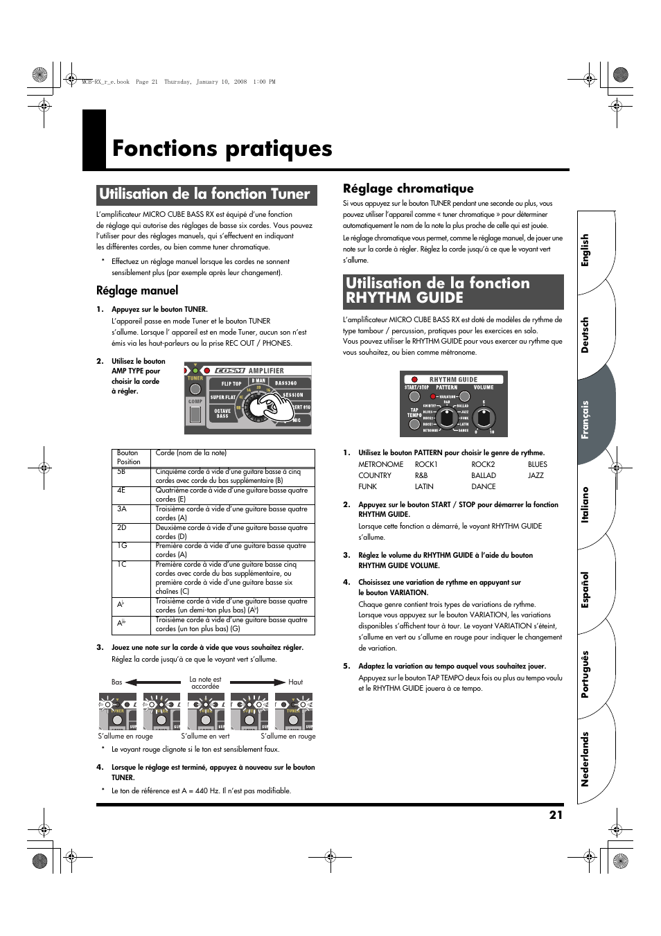 Fonctions pratiques, Utilisation de la fonction tuner, Utilisation de la fonction rhythm guide | Réglage manuel, Réglage chromatique | Roland Musical Instrument Amplifier User Manual | Page 21 / 52