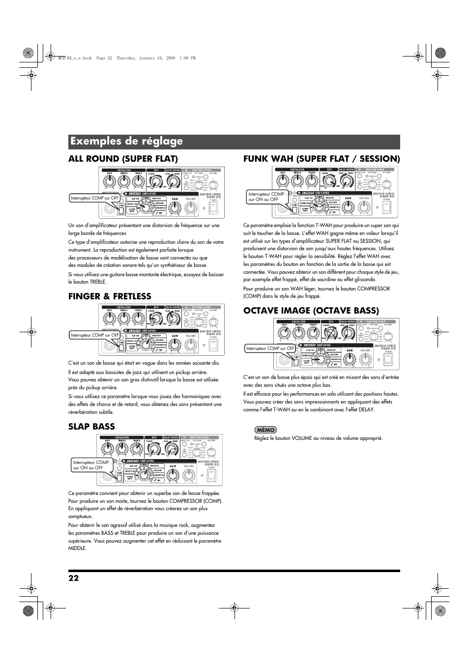 Exemples de réglage, All round (super flat), Finger & fretless | Slap bass, Funk wah (super flat / session), Octave image (octave bass) | Roland Musical Instrument Amplifier User Manual | Page 22 / 52