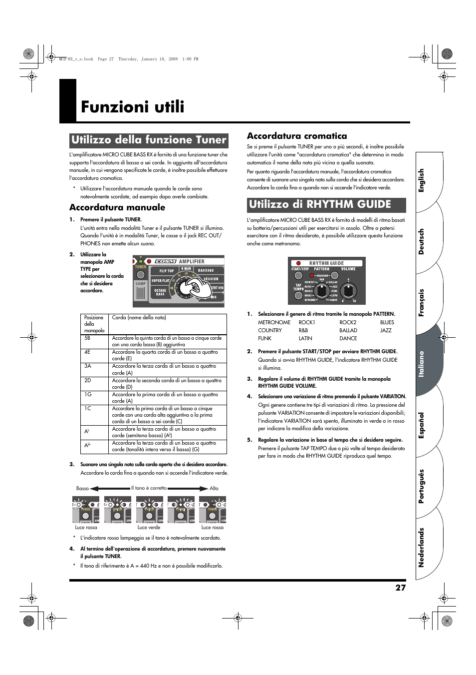 Funzioni utili, Utilizzo della funzione tuner, Utilizzo di rhythm guide | Accordatura manuale, Accordatura cromatica | Roland Musical Instrument Amplifier User Manual | Page 27 / 52