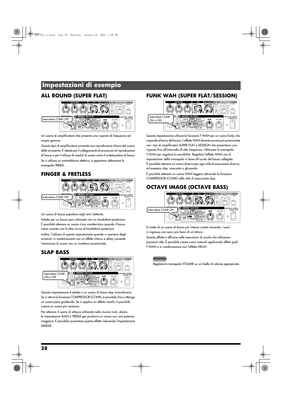 Impostazioni di esempio, All round (super flat), Finger & fretless | Slap bass, Funk wah (super flat/session), Octave image (octave bass) | Roland Musical Instrument Amplifier User Manual | Page 28 / 52