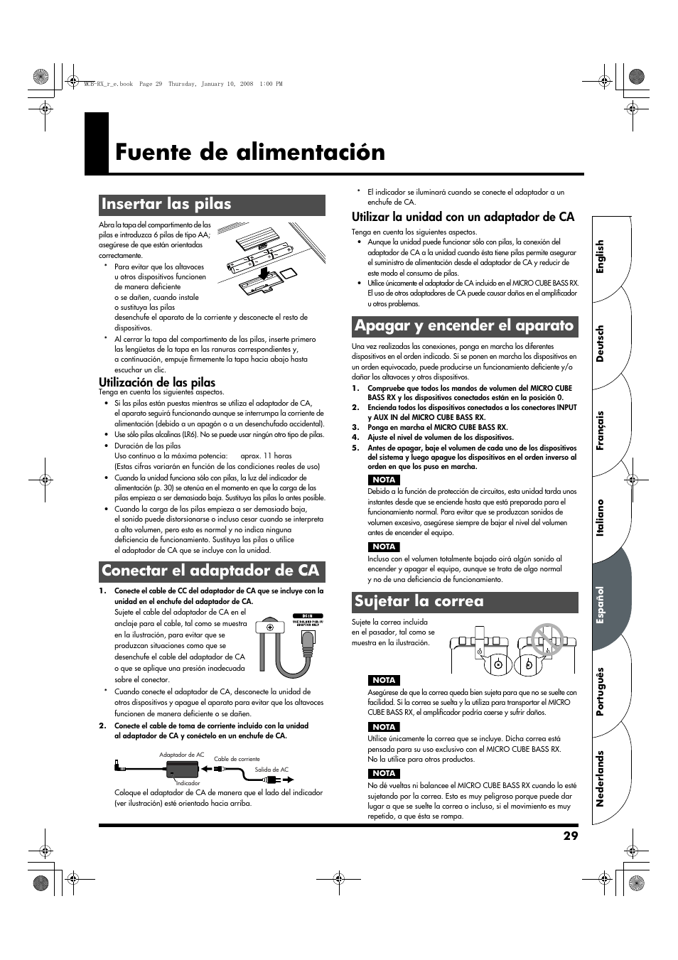 Español, Fuente de alimentación, Insertar las pilas | Conectar el adaptador de ca, Apagar y encender el aparato, Sujetar la correa, Insertar las pilas conectar el adaptador de ca, Apagar y encender el aparato sujetar la correa, Utilización de las pilas, Utilizar la unidad con un adaptador de ca | Roland Musical Instrument Amplifier User Manual | Page 29 / 52