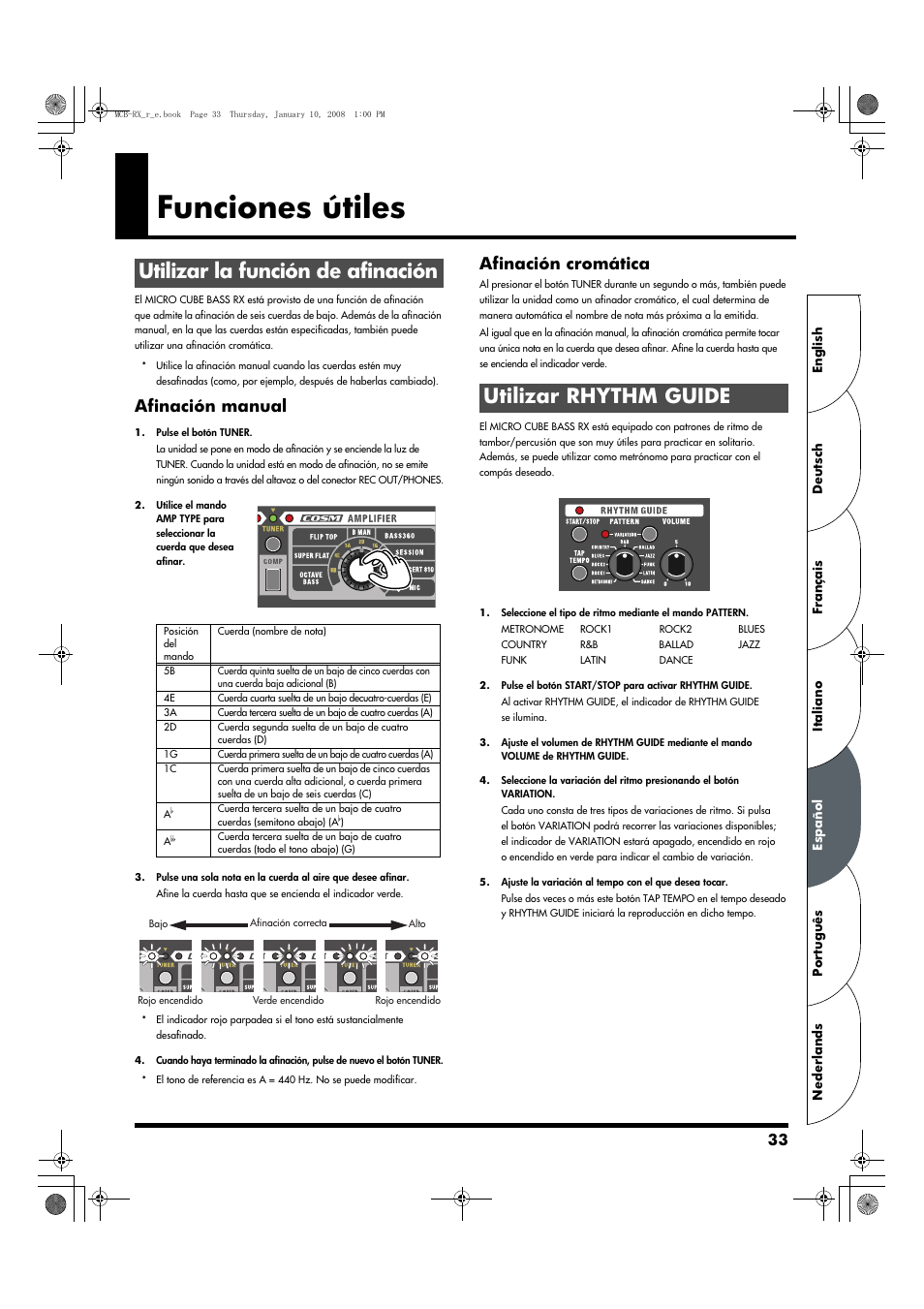 Funciones útiles, Utilizar la función de afinación, Utilizar rhythm guide | Afinación manual, Afinación cromática | Roland Musical Instrument Amplifier User Manual | Page 33 / 52