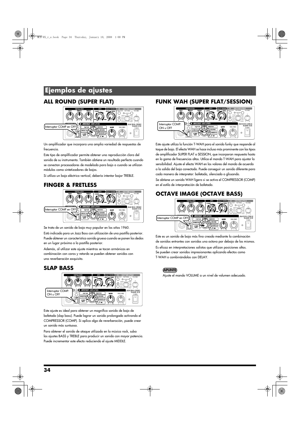 Ejemplos de ajustes, All round (super flat), Finger & fretless | Slap bass, Funk wah (super flat/session), Octave image (octave bass) | Roland Musical Instrument Amplifier User Manual | Page 34 / 52