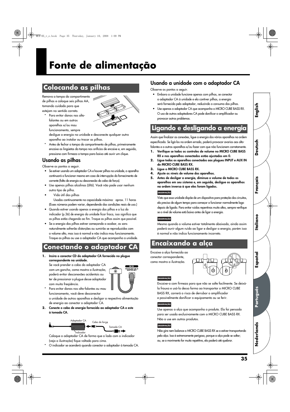 Português, Fonte de alimentação, Colocando as pilhas | Conectando o adaptador ca, Ligando e desligando a energia, Encaixando a alça, Colocando as pilhas conectando o adaptador ca, Ligando e desligando a energia encaixando a alça, Usando as pilhas, Usando a unidade com o adaptador ca | Roland Musical Instrument Amplifier User Manual | Page 35 / 52