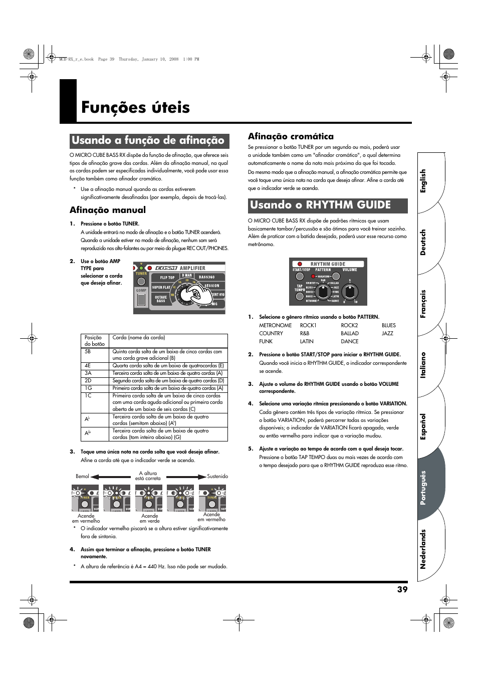 Funções úteis, Usando a função de afinação, Usando o rhythm guide | Afinação manual, Afinação cromática | Roland Musical Instrument Amplifier User Manual | Page 39 / 52