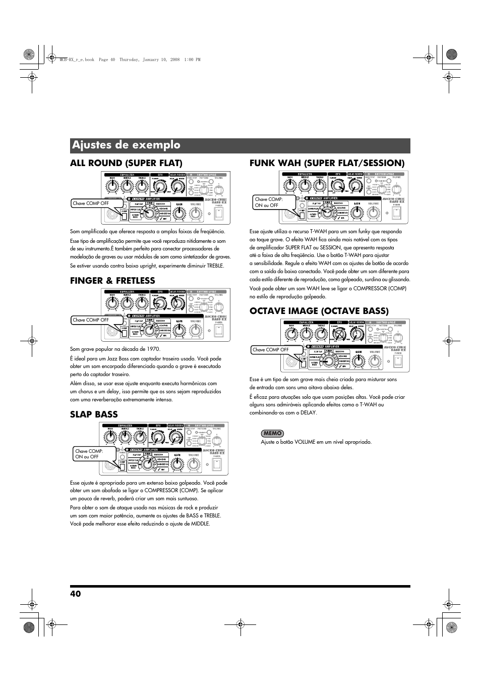 Ajustes de exemplo, All round (super flat), Finger & fretless | Slap bass, Funk wah (super flat/session), Octave image (octave bass) | Roland Musical Instrument Amplifier User Manual | Page 40 / 52