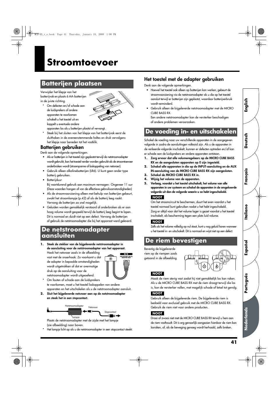 Nederlands, Stroomtoevoer, Batterijen plaatsen | De netstroomadapter aansluiten, De voeding in- en uitschakelen, De riem bevestigen, Batterijen plaatsen de netstroomadapter aansluiten, De voeding in- en uitschakelen de riem bevestigen, Batterijen gebruiken, Het toestel met de adapter gebruiken | Roland Musical Instrument Amplifier User Manual | Page 41 / 52
