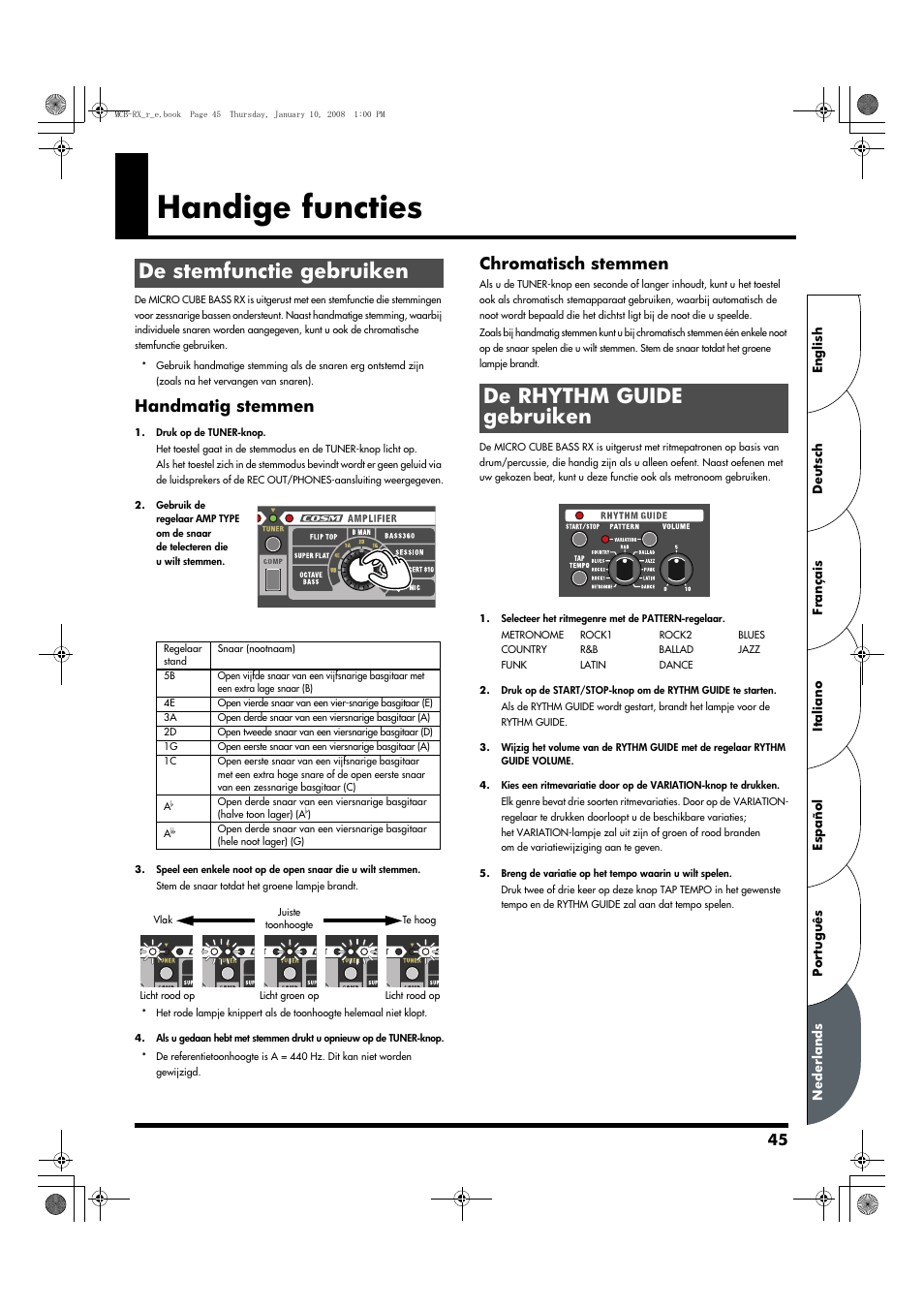 Handige functies, De stemfunctie gebruiken, De rhythm guide gebruiken | Handmatig stemmen, Chromatisch stemmen | Roland Musical Instrument Amplifier User Manual | Page 45 / 52