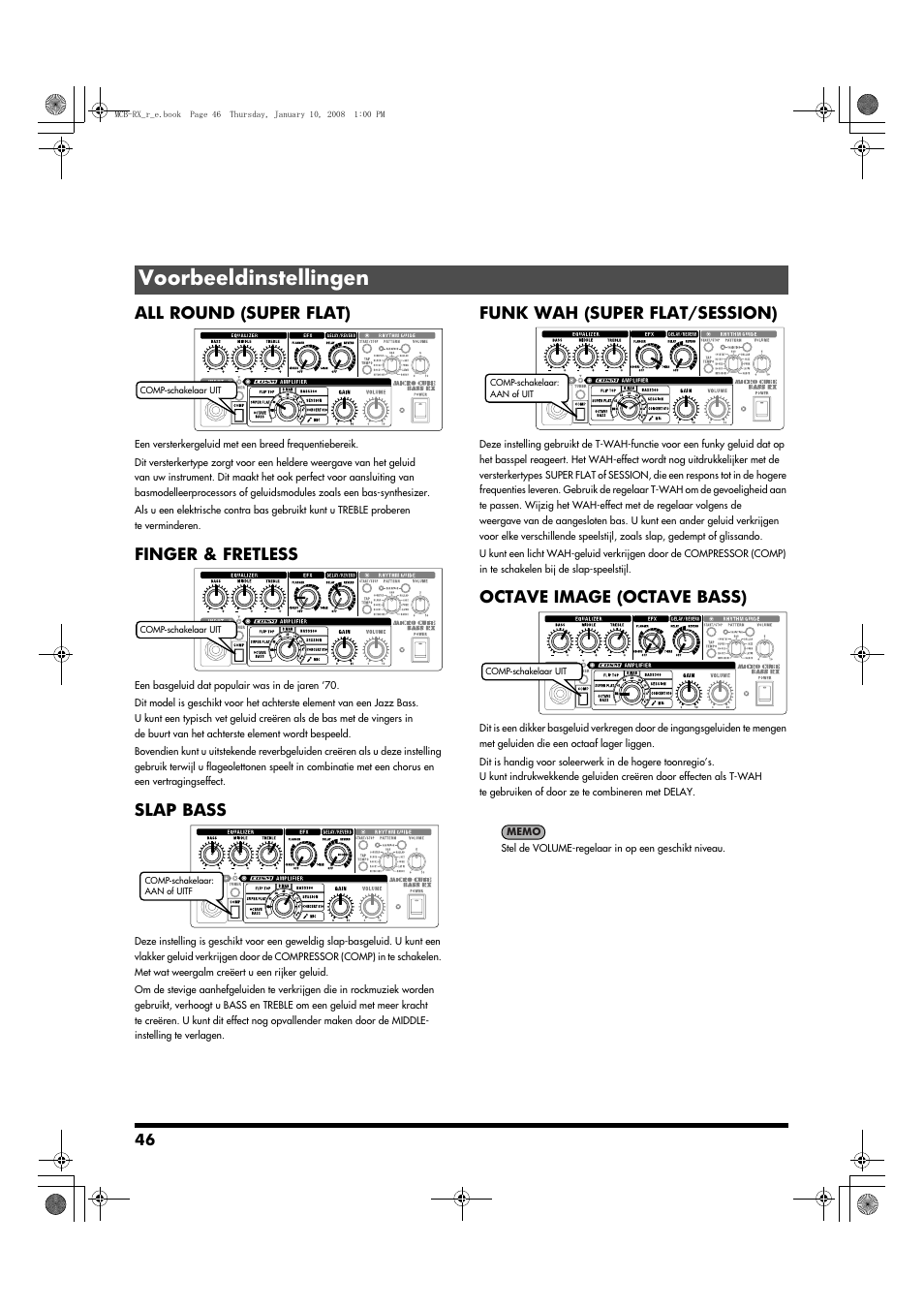 Voorbeeldinstellingen, All round (super flat), Finger & fretless | Slap bass, Funk wah (super flat/session), Octave image (octave bass) | Roland Musical Instrument Amplifier User Manual | Page 46 / 52