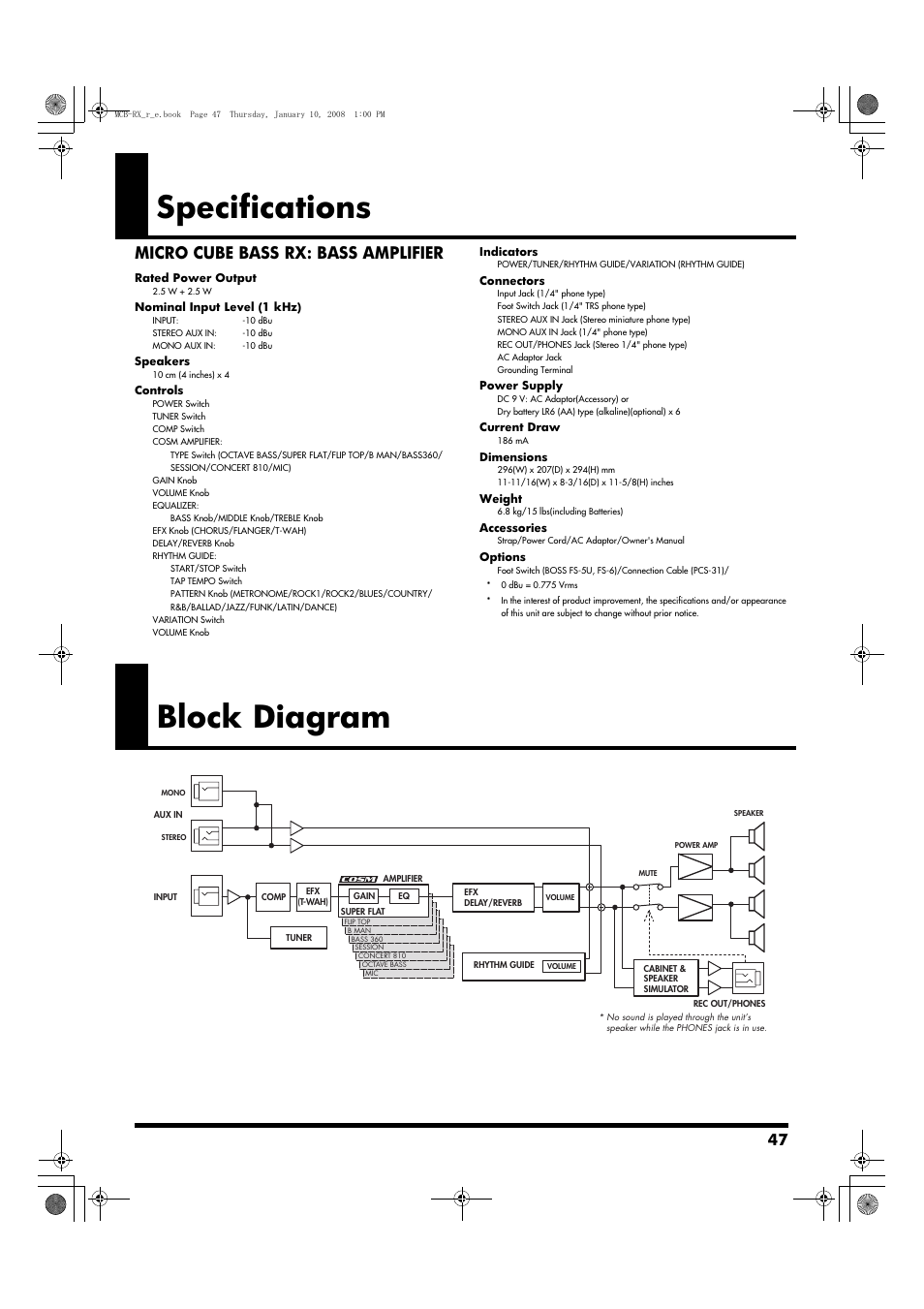 Specifications, Block diagram, Micro cube bass rx: bass amplifier | Roland Musical Instrument Amplifier User Manual | Page 47 / 52
