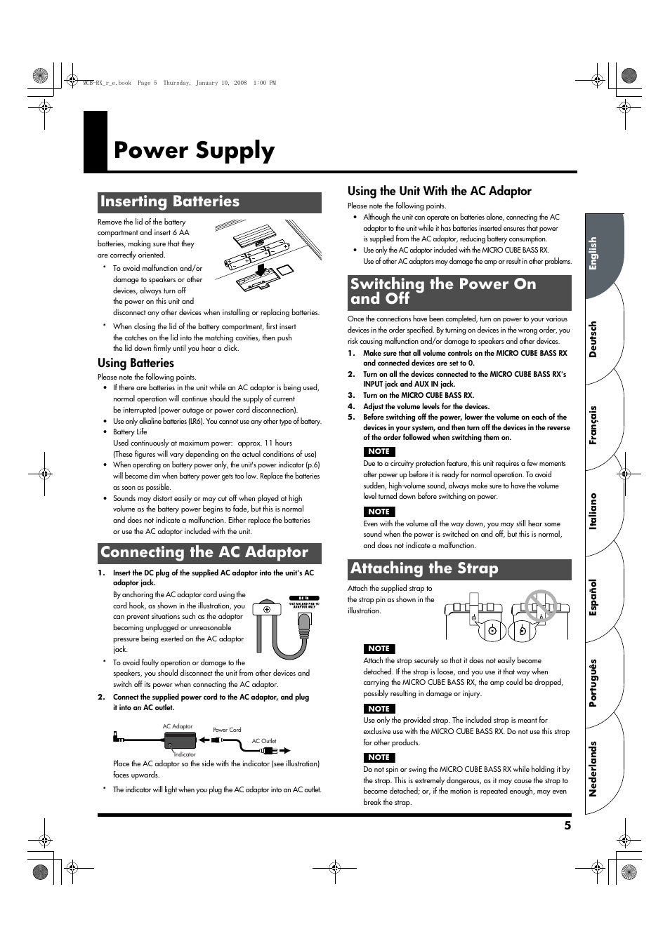 English, Power supply, Inserting batteries | Connecting the ac adaptor, Switching the power on and off, Attaching the strap, Inserting batteries connecting the ac adaptor, Switching the power on and off attaching the strap, Using batteries, Using the unit with the ac adaptor | Roland Musical Instrument Amplifier User Manual | Page 5 / 52