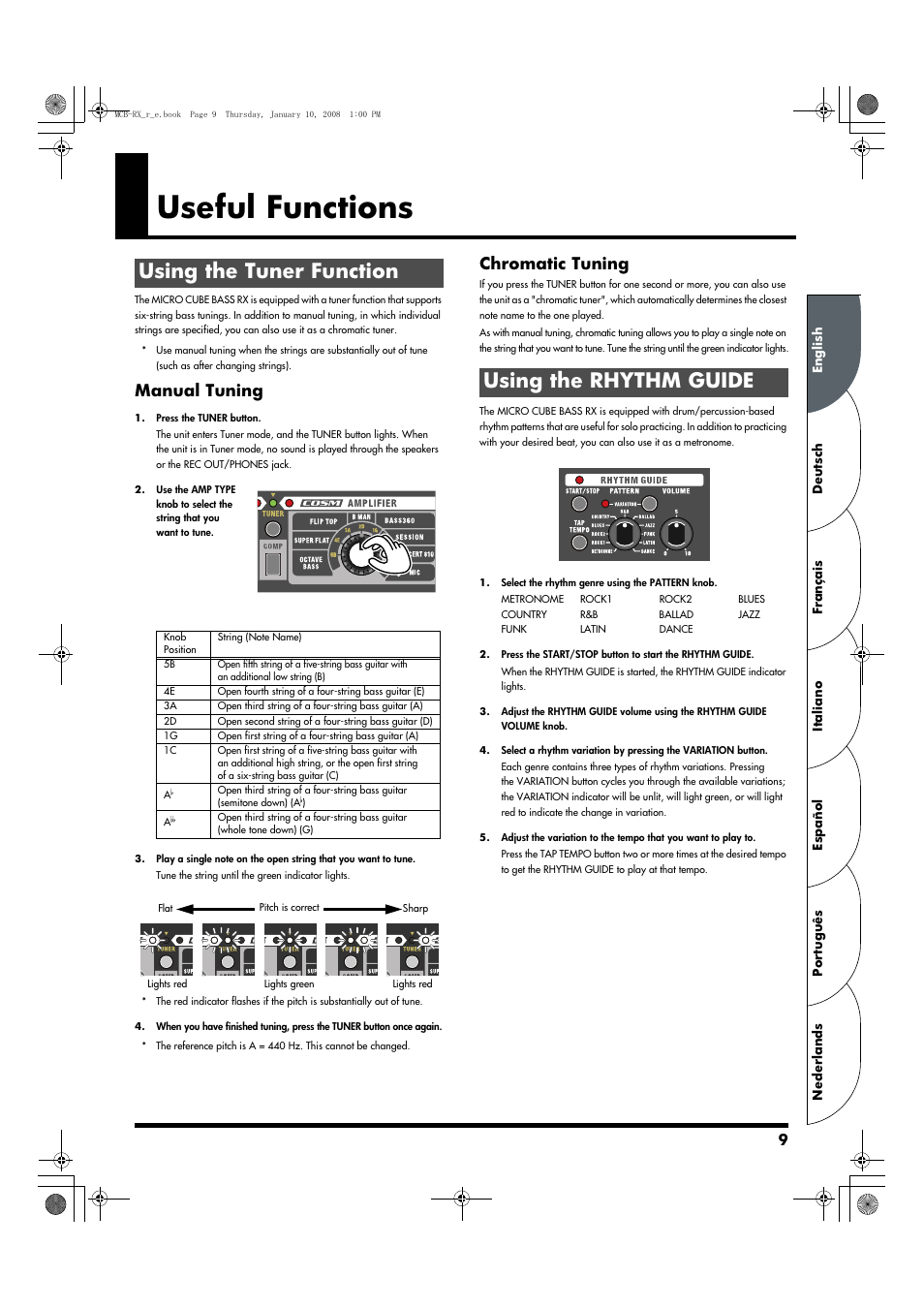 Useful functions, Using the tuner function, Using the rhythm guide | Manual tuning, Chromatic tuning | Roland Musical Instrument Amplifier User Manual | Page 9 / 52