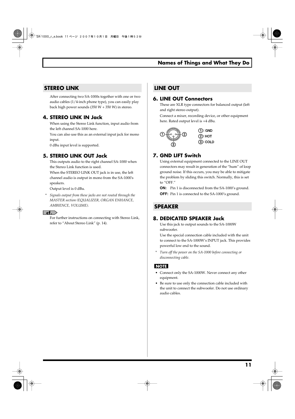 Stereo link, Line out, Speaker | Stereo link line out speaker | Roland Stage Amplifier SA-1000 User Manual | Page 11 / 24