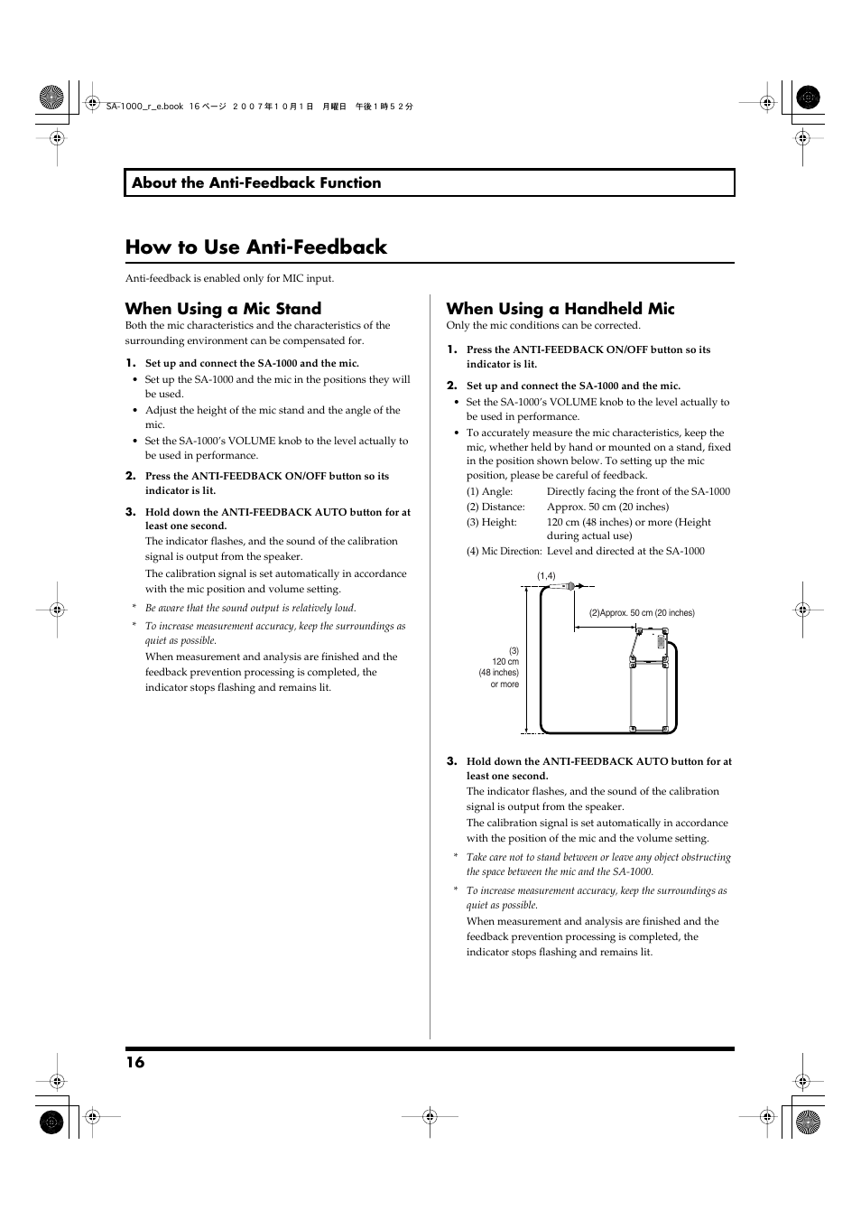 How to use anti-feedback, When using a mic stand, When using a handheld mic | 16 about the anti-feedback function | Roland Stage Amplifier SA-1000 User Manual | Page 16 / 24