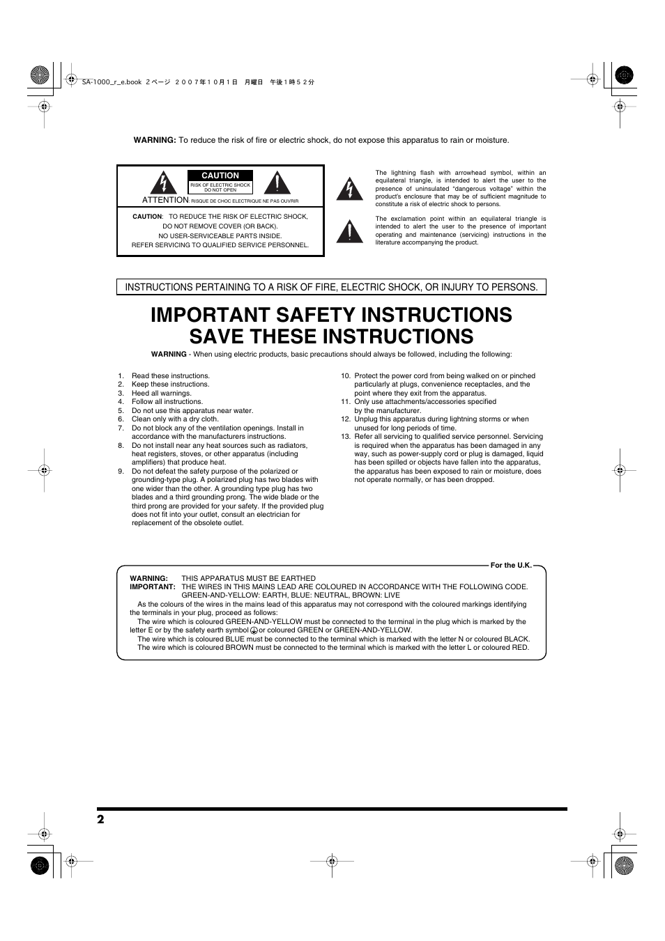 Important safety instructions | Roland Stage Amplifier SA-1000 User Manual | Page 2 / 24