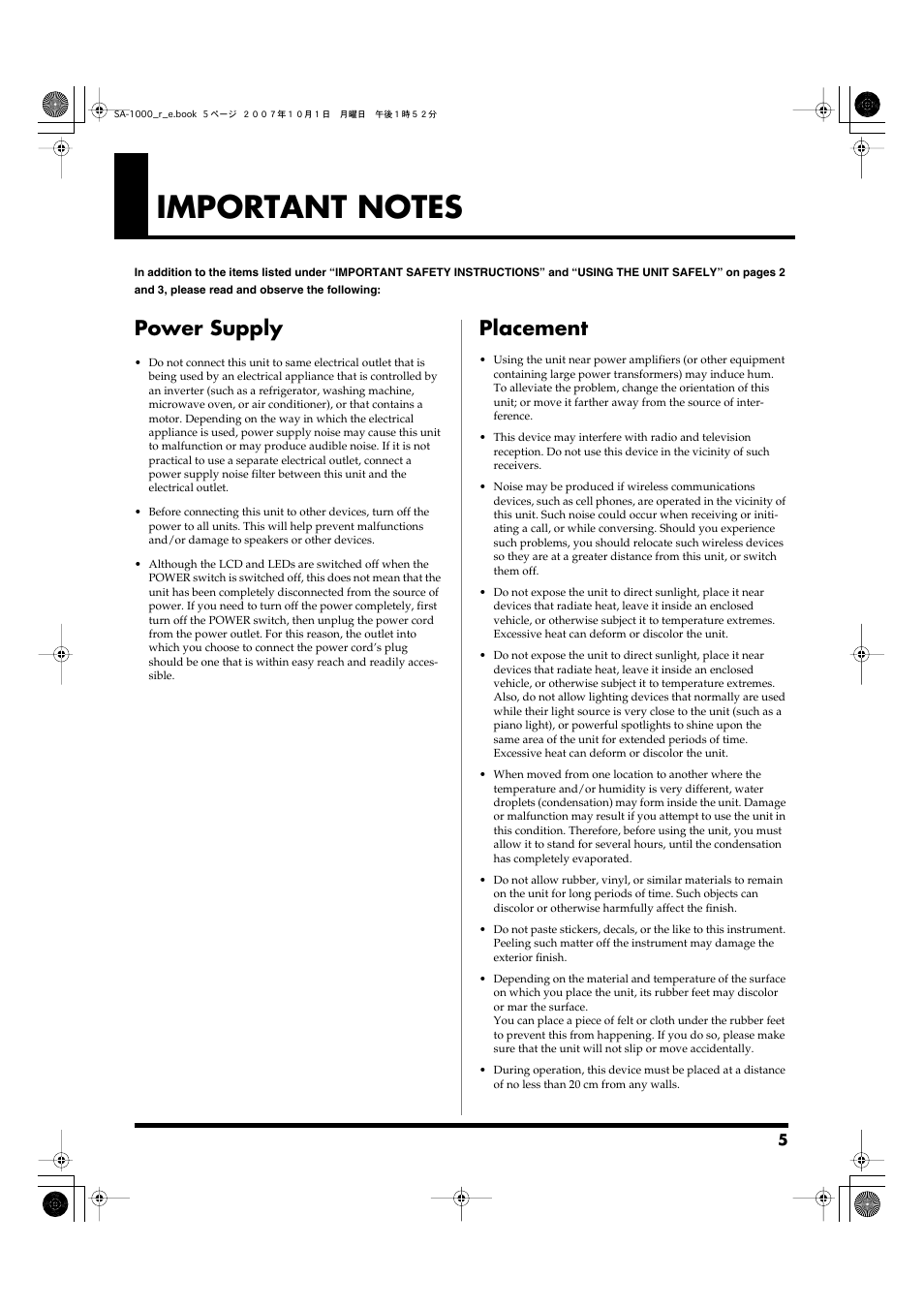 Important notes, Power supply, Placement | Roland Stage Amplifier SA-1000 User Manual | Page 5 / 24